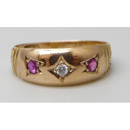 7017 - An 18ct gold, ruby and white stone ring, Chester 1899, 1.8g, L/M, (replacement white stone and tiny ... 