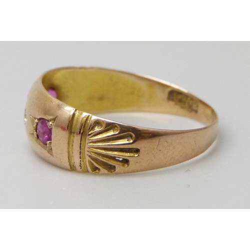 7017 - An 18ct gold, ruby and white stone ring, Chester 1899, 1.8g, L/M, (replacement white stone and tiny ... 