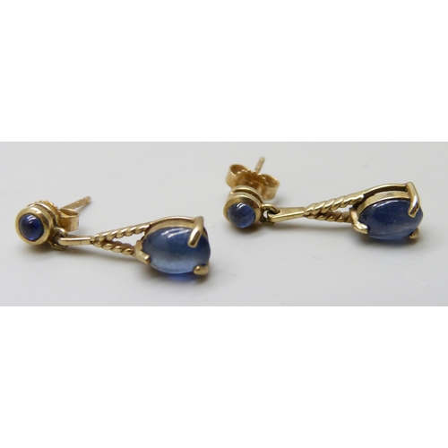 7035 - A pair of 9ct gold drop earrings set with cabochon blue stones, 2.1g, 2.2cm drop