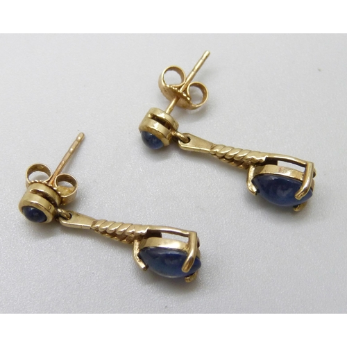 7035 - A pair of 9ct gold drop earrings set with cabochon blue stones, 2.1g, 2.2cm drop