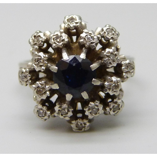 7037 - A white metal, diamond and sapphire cluster ring, hallmarks rubbed, 6.1g, M