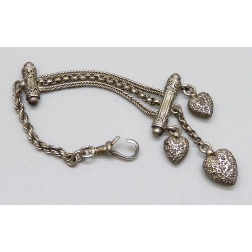 7049 - A white metal Albertina fob chain, clasp a/f, 7.7g, 14.5cm