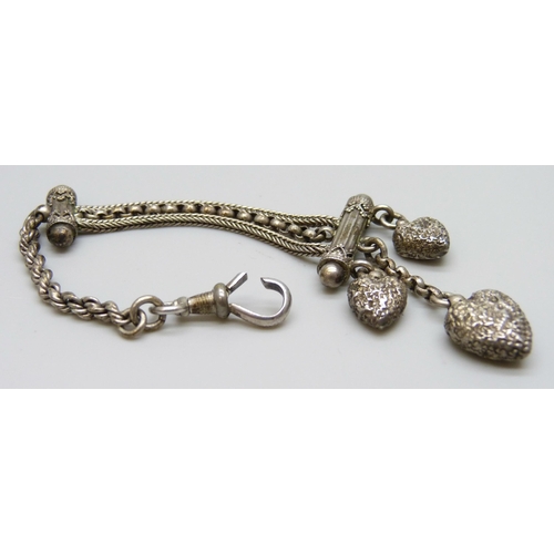 7049 - A white metal Albertina fob chain, clasp a/f, 7.7g, 14.5cm