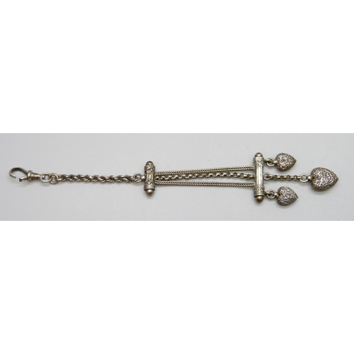 7049 - A white metal Albertina fob chain, clasp a/f, 7.7g, 14.5cm