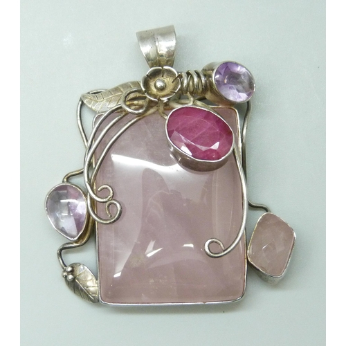 7054 - A rose quartz, ruby and amethyst silver pendant, 48g, 5.8cm