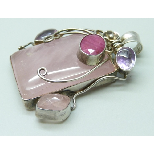 7054 - A rose quartz, ruby and amethyst silver pendant, 48g, 5.8cm