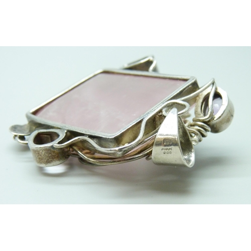 7054 - A rose quartz, ruby and amethyst silver pendant, 48g, 5.8cm