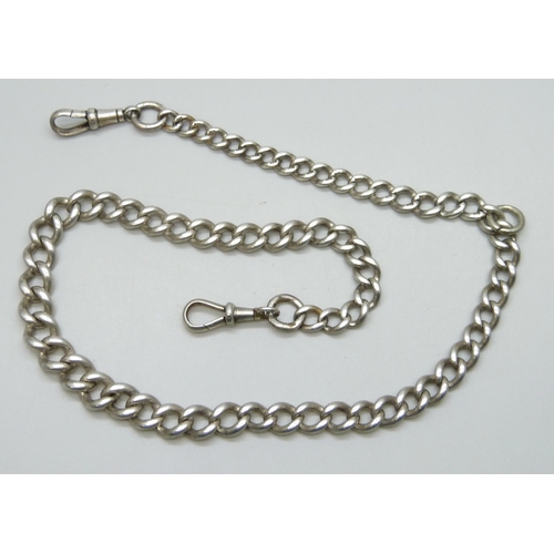 7059 - A silver curb link Albert chain necklace, one clasp base metal, the other white metal, 48g total, 44... 