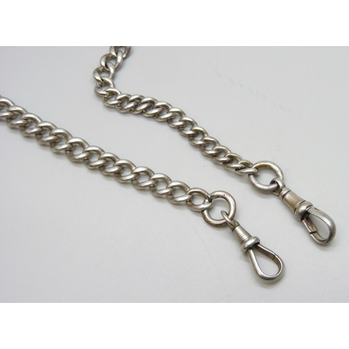 7059 - A silver curb link Albert chain necklace, one clasp base metal, the other white metal, 48g total, 44... 