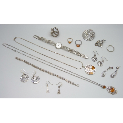 7064 - A collection of silver jewellery including Kit Heath, 68g total weight excluding wristwatch