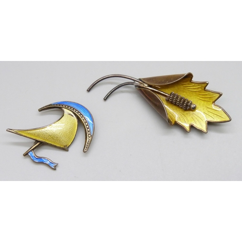 7066 - A Norwegian silver and yellow guilloche enamel brooch by Karl Rasmussen, 6.5cm, together with anothe... 