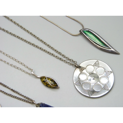 7105 - Three silver pendants and chains including a Malcolm Gray enamel example, 19g total, together with p... 