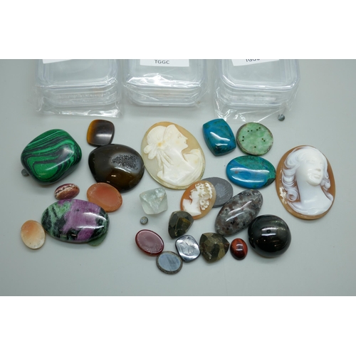 7150 - A collection of gemstones, carved shell cameos, pietra dura, etc., 425.6ct total