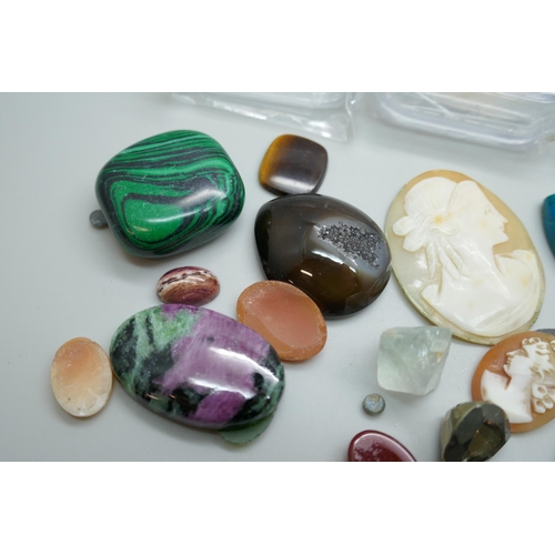 7150 - A collection of gemstones, carved shell cameos, pietra dura, etc., 425.6ct total