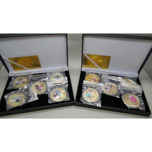 7240 - The Worth Collection, a pair of Queen Elizabeth II and Prince Philip Memorial sets, five medallions ... 