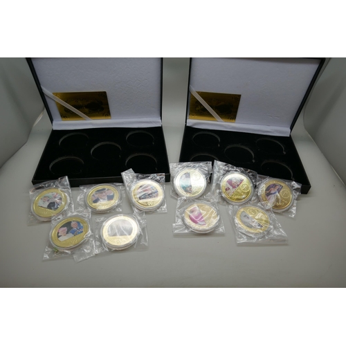 7240 - The Worth Collection, a pair of Queen Elizabeth II and Prince Philip Memorial sets, five medallions ... 