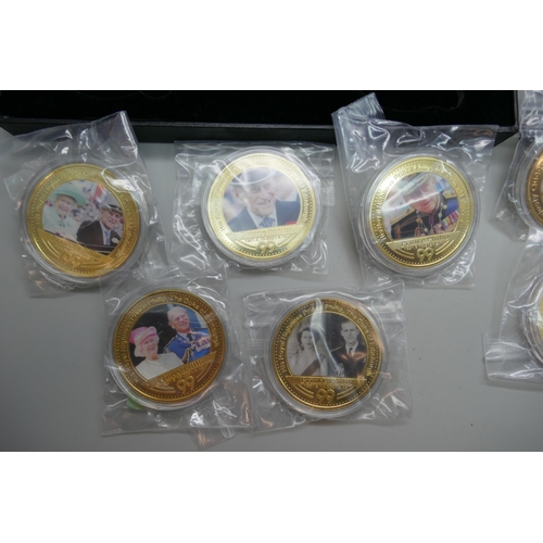 7240 - The Worth Collection, a pair of Queen Elizabeth II and Prince Philip Memorial sets, five medallions ... 