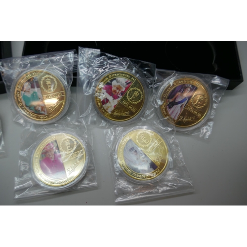 7240 - The Worth Collection, a pair of Queen Elizabeth II and Prince Philip Memorial sets, five medallions ... 