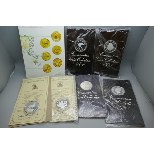 7241 - Six silver commemorative coins including Tanzania, Mauritius, Republic of Costa Rica, and Indonesia,... 