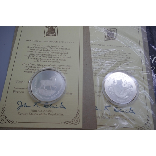 7241 - Six silver commemorative coins including Tanzania, Mauritius, Republic of Costa Rica, and Indonesia,... 