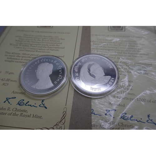 7241 - Six silver commemorative coins including Tanzania, Mauritius, Republic of Costa Rica, and Indonesia,... 