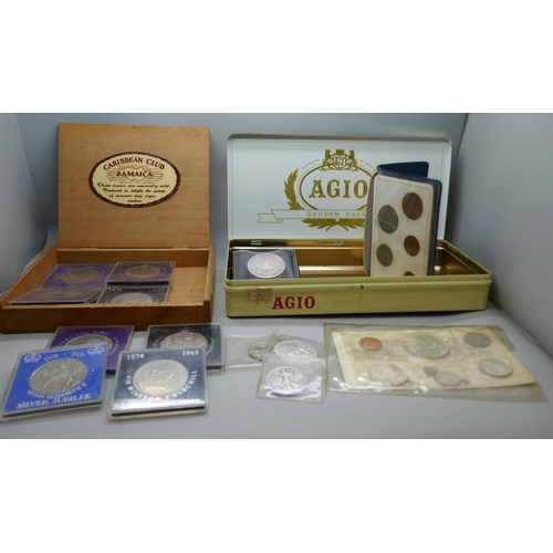 7242 - A 1965 Canadian proof coin set, a 1958 Canadian dollar, a US 1943 half dollar and 1965 quarter, one ... 