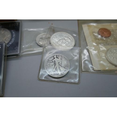 7242 - A 1965 Canadian proof coin set, a 1958 Canadian dollar, a US 1943 half dollar and 1965 quarter, one ... 