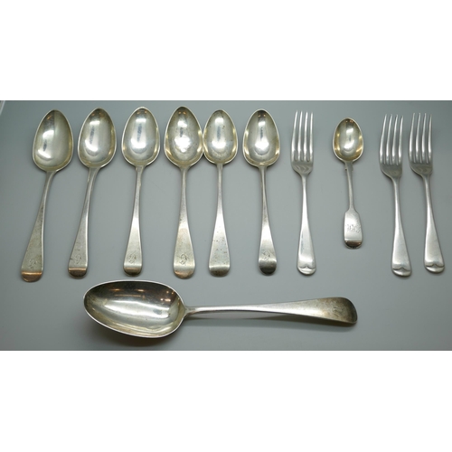 7247 - A silver dessert spoon, London 1828, 63g, other silver spoons and three forks, one spoon by Hester B... 