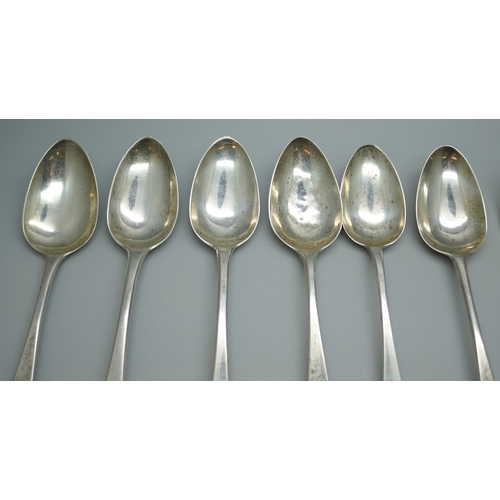 7247 - A silver dessert spoon, London 1828, 63g, other silver spoons and three forks, one spoon by Hester B... 