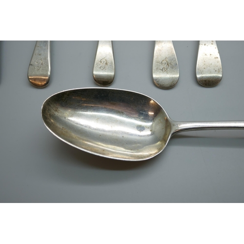 7247 - A silver dessert spoon, London 1828, 63g, other silver spoons and three forks, one spoon by Hester B... 