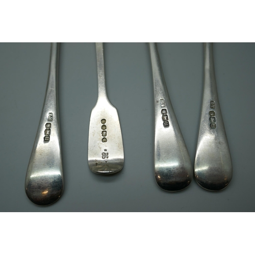 7247 - A silver dessert spoon, London 1828, 63g, other silver spoons and three forks, one spoon by Hester B... 