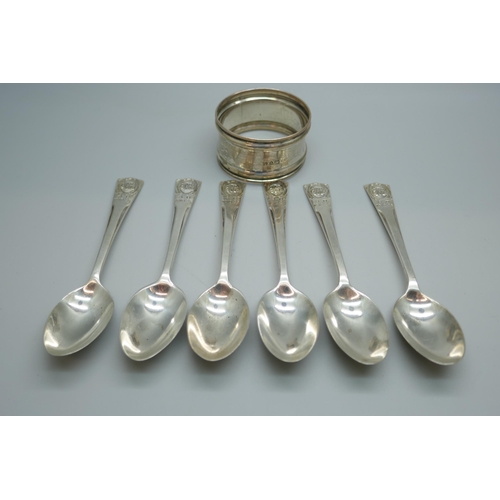 7248 - A set of six silver teaspoons, George V Silver Jubilee, and a silver napkin ring, 65g