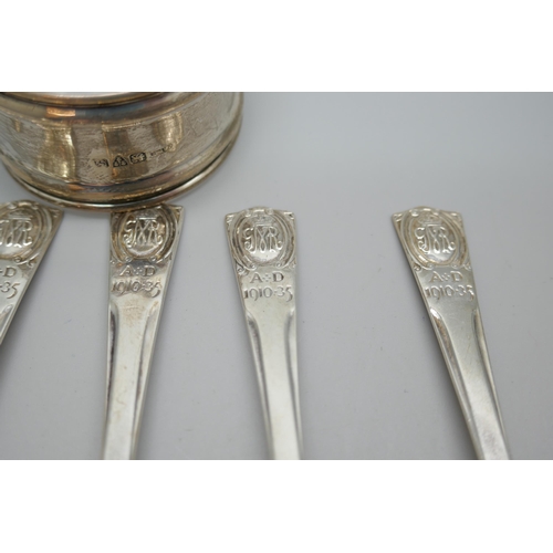 7248 - A set of six silver teaspoons, George V Silver Jubilee, and a silver napkin ring, 65g