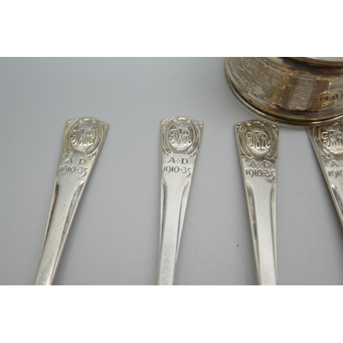 7248 - A set of six silver teaspoons, George V Silver Jubilee, and a silver napkin ring, 65g