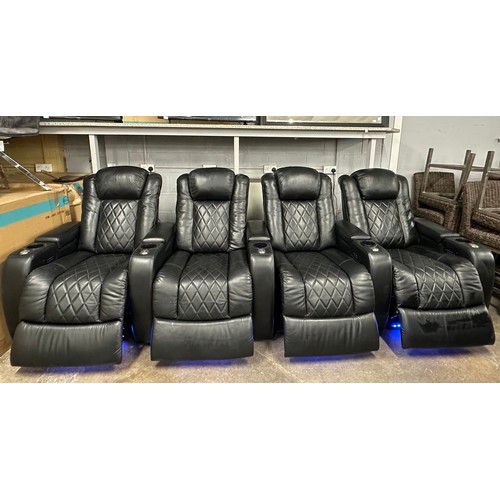 3155 - Tuscany 4 row black leather electric reclining theatre chairs with LED lights and storage, original ... 