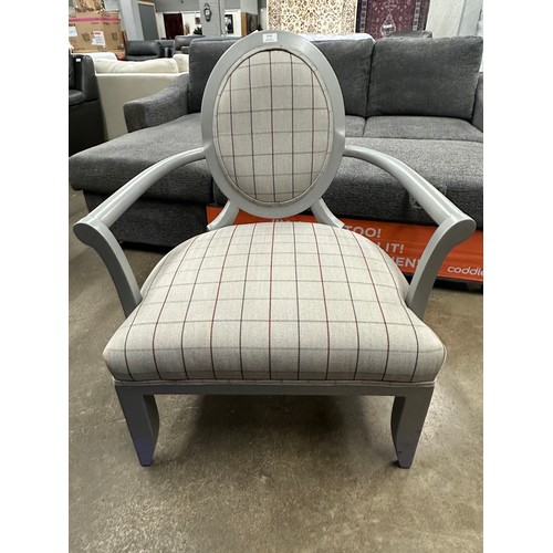 3159 - A grey painted and tartan fabric upholstered carver chair