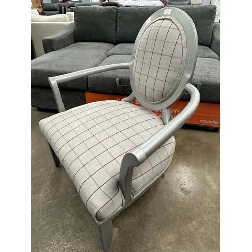 3159 - A grey painted and tartan fabric upholstered carver chair