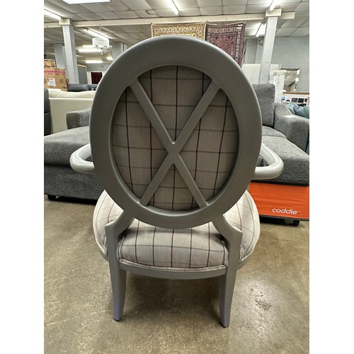 3159 - A grey painted and tartan fabric upholstered carver chair