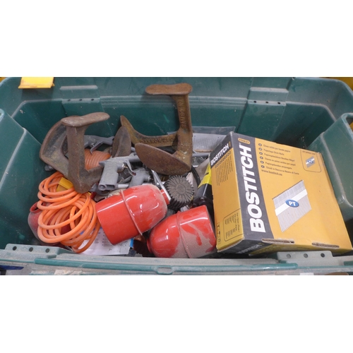 5026 - A plastic tool chest containing various tools including 2 air powered frame nailer/staplers, Stanley... 