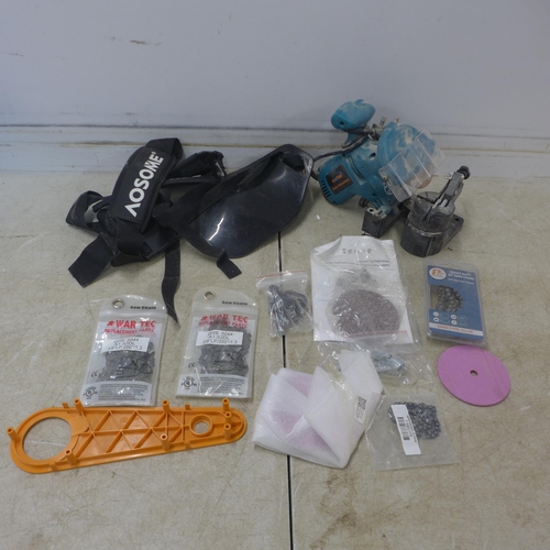 5037 - A quantity of chainsaw equipment and spares including a Katsu chain sharpener, an Aosome protective ... 