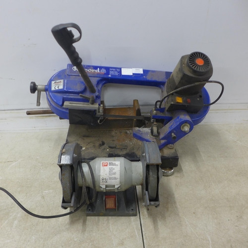 5041 - A Performance Power 150W, 240V bench grinder and a Record Power RPBS-780, 240V band saw