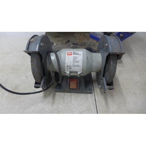 5041 - A Performance Power 150W, 240V bench grinder and a Record Power RPBS-780, 240V band saw