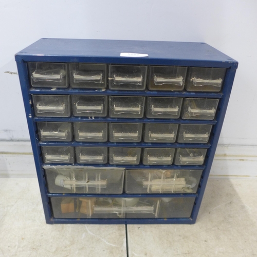 5053 - 2 metal tool boxes with tools including a vintage screwdriver, screws, socket wrench, hammers, adjus... 