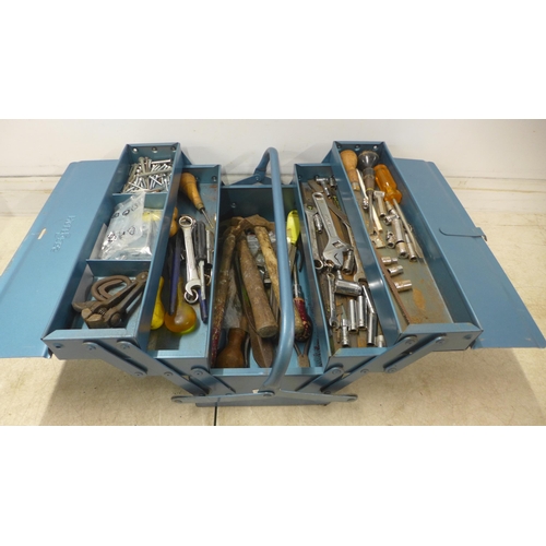 5053 - 2 metal tool boxes with tools including a vintage screwdriver, screws, socket wrench, hammers, adjus... 