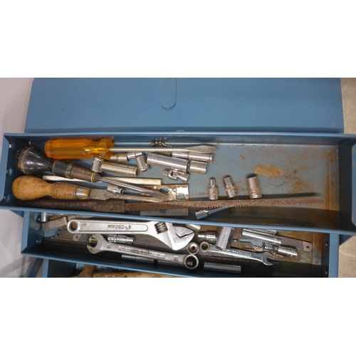 5053 - 2 metal tool boxes with tools including a vintage screwdriver, screws, socket wrench, hammers, adjus... 