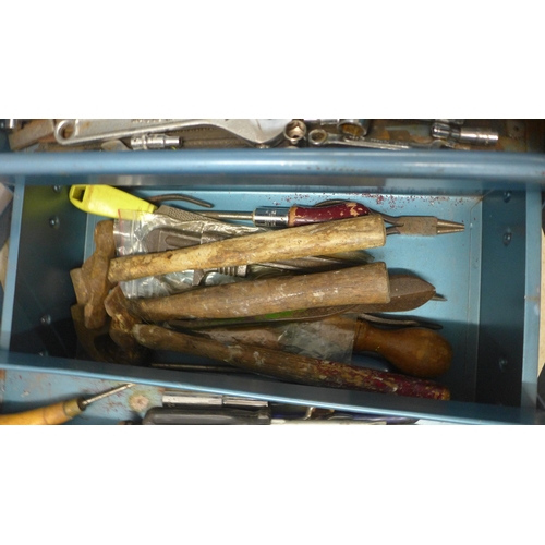 5053 - 2 metal tool boxes with tools including a vintage screwdriver, screws, socket wrench, hammers, adjus... 