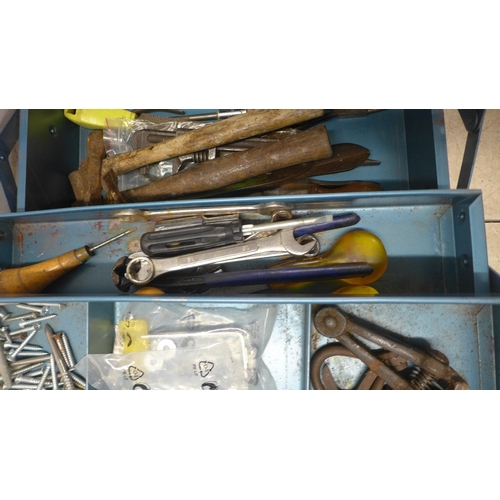 5053 - 2 metal tool boxes with tools including a vintage screwdriver, screws, socket wrench, hammers, adjus... 