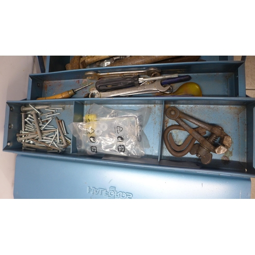 5053 - 2 metal tool boxes with tools including a vintage screwdriver, screws, socket wrench, hammers, adjus... 