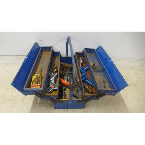 5053 - 2 metal tool boxes with tools including a vintage screwdriver, screws, socket wrench, hammers, adjus... 