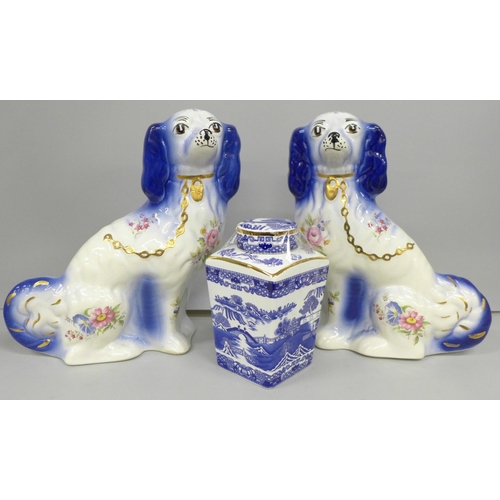 2003 - A pair of Staffordshire style dogs and a Ringtons Willow Pattern tea caddy